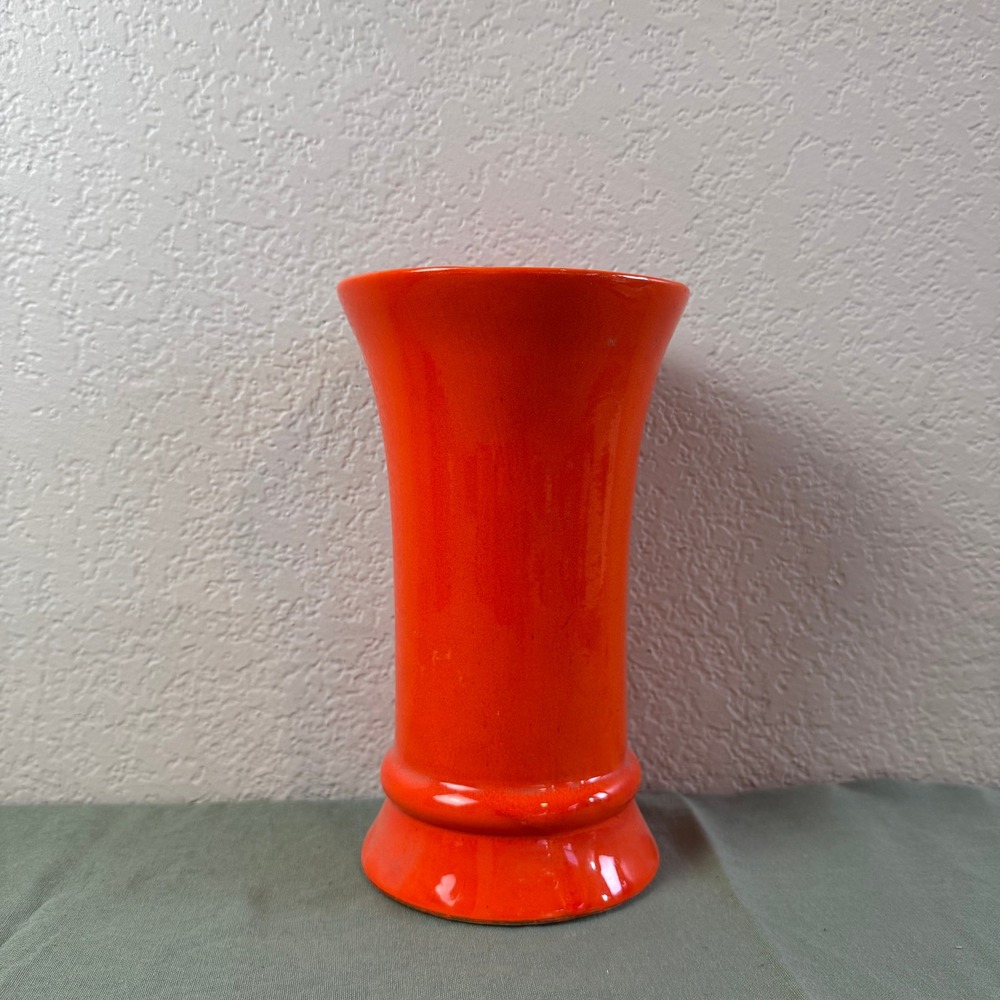Vintage Orange Ceramic Trumpet Vase Flared Mid Century Modern Glossy Glaze 10in